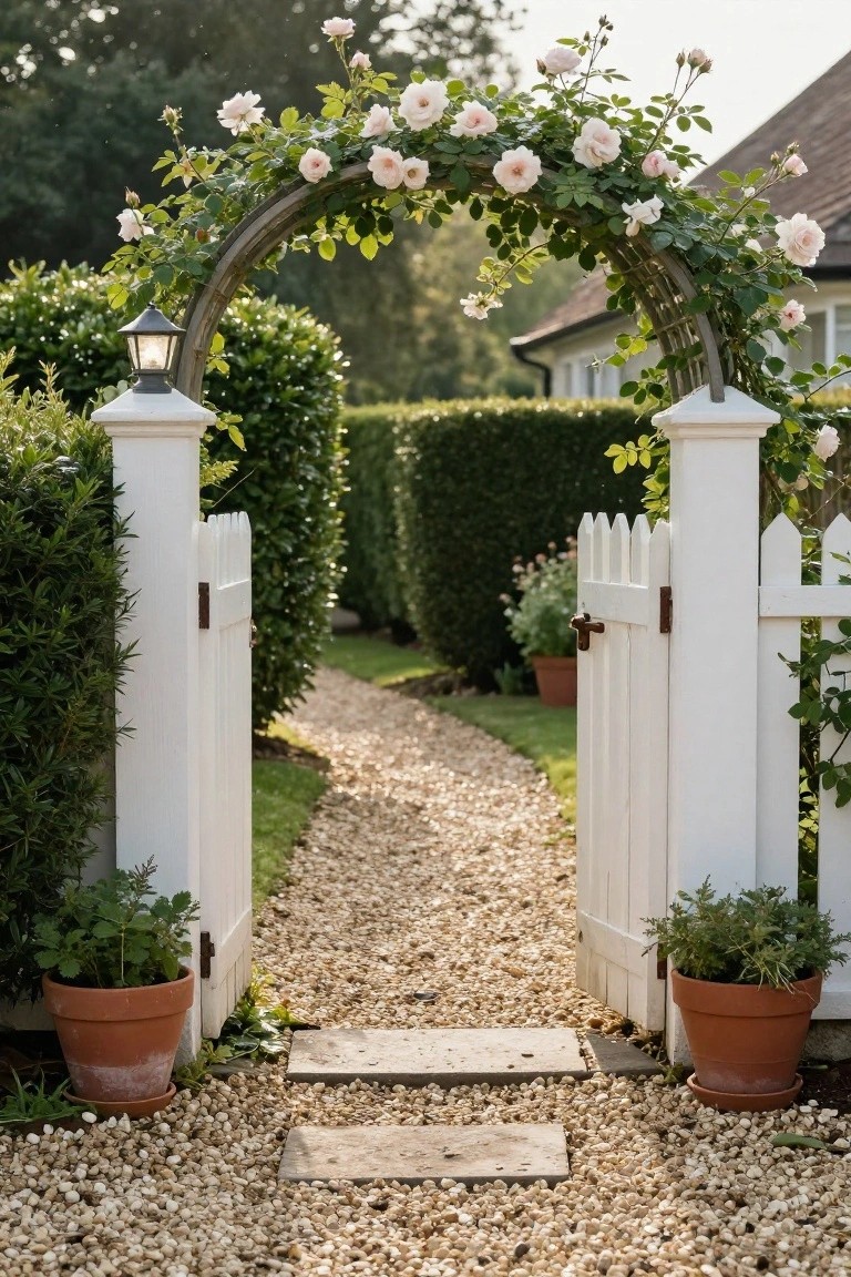 White picket fence gate beneath a wooden archway covered in pink climbing roses, flanked by tall hedges and potted plants, with a gravel path leading through a garden.