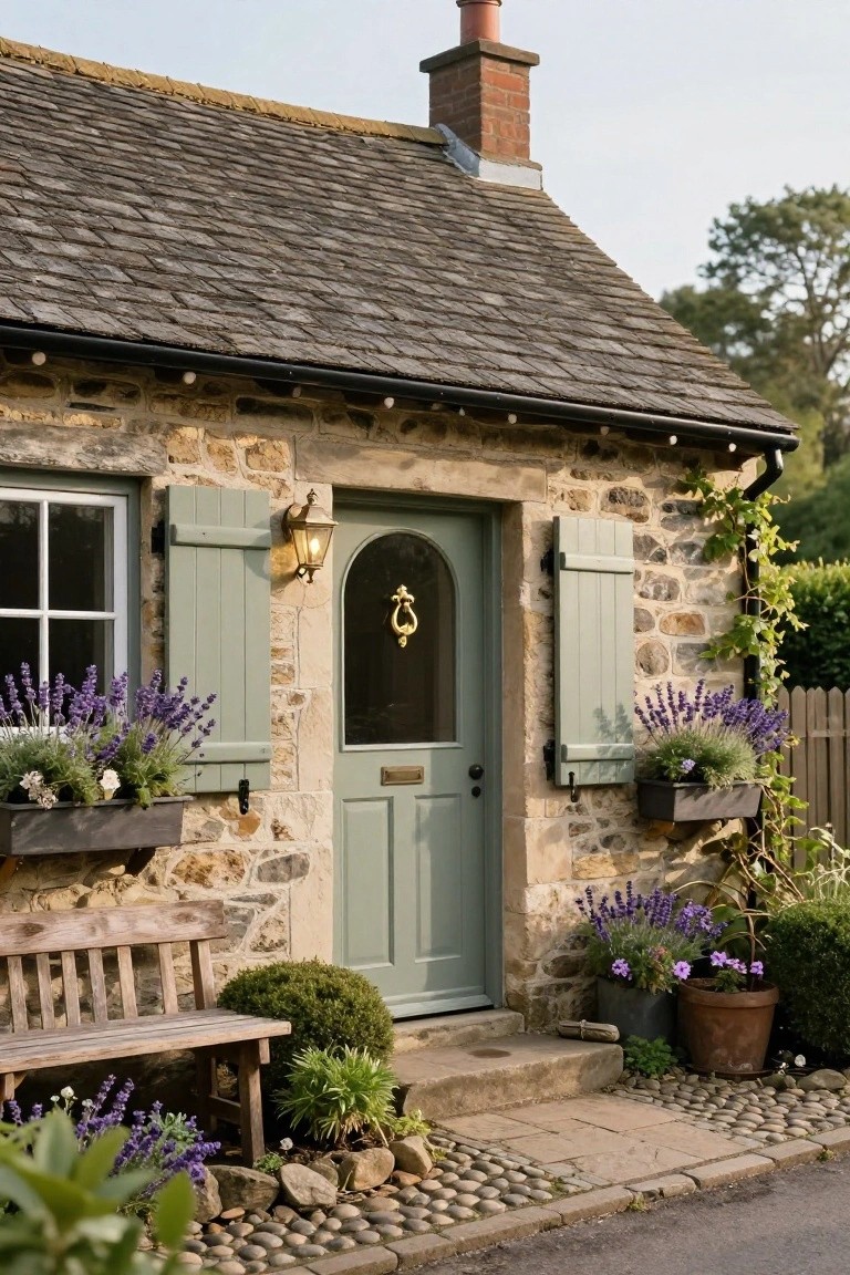 Stone cottage exterior featuring a sage green arched front door with brass knocker, matching green shutters on a window with lavender window box, wooden bench beside the entry, potted plants, and a pebble stone path.