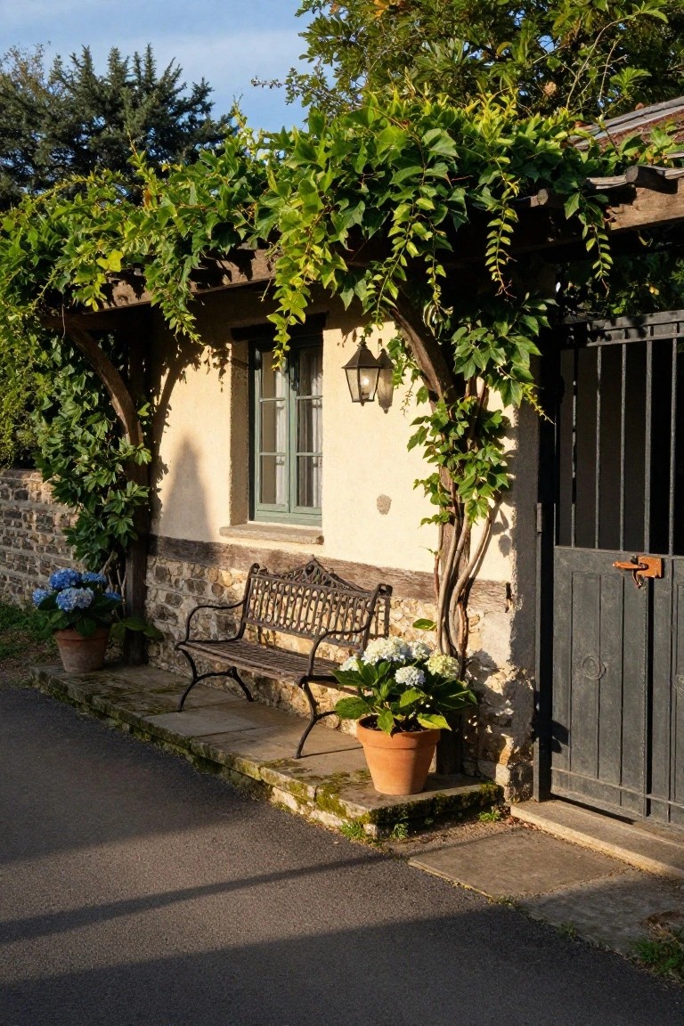 Stone cottage wall with wooden pergola covered in green climbing vines arching over a small window and black metal gate, potted blue hydrangeas on left, white hydrangeas and terracotta pot on right, wrought iron bench in front, paved path alongside.