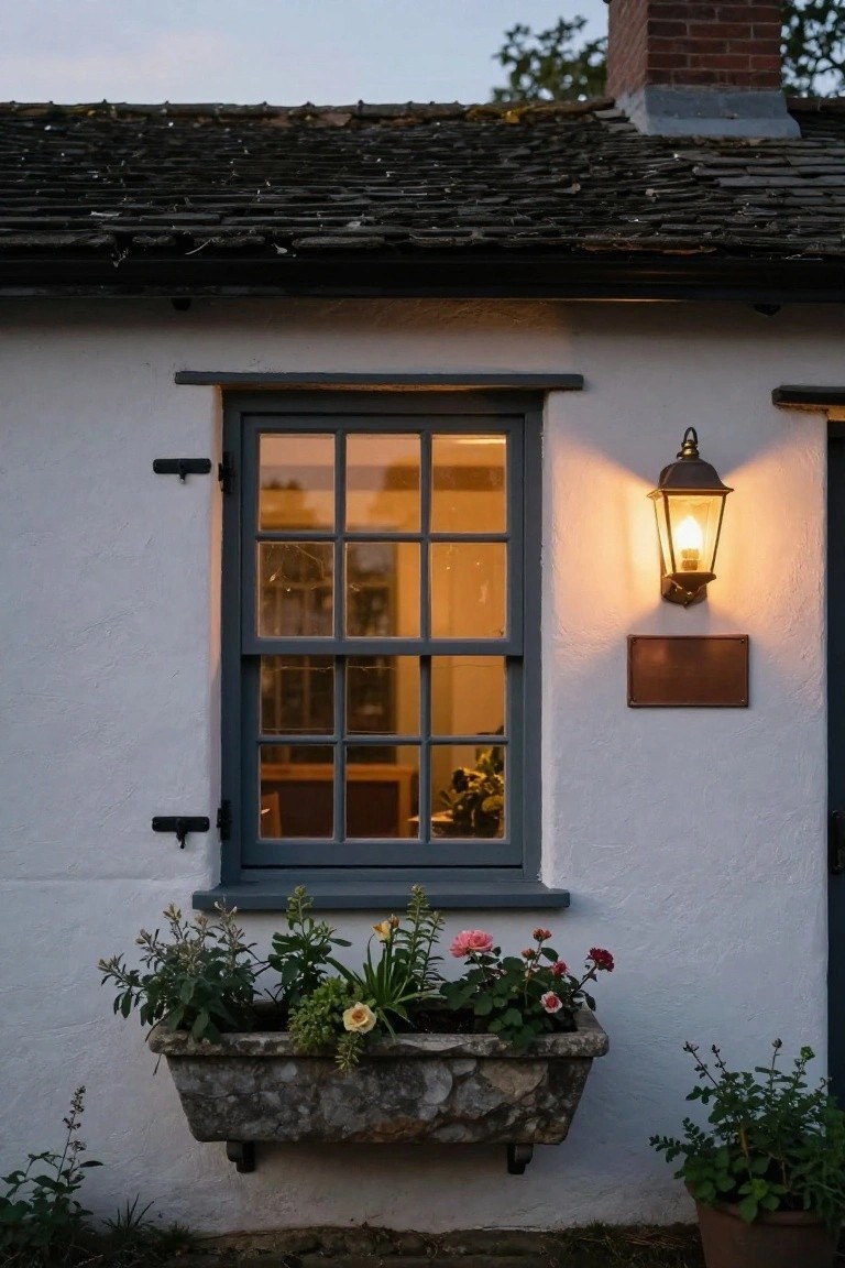 Close-up of a white cottage wall featuring a gray sash window with plants visible inside, a stone window box overflowing with colorful flowers including roses and greenery, a lit lantern beside the window, and potted plants below at dusk.