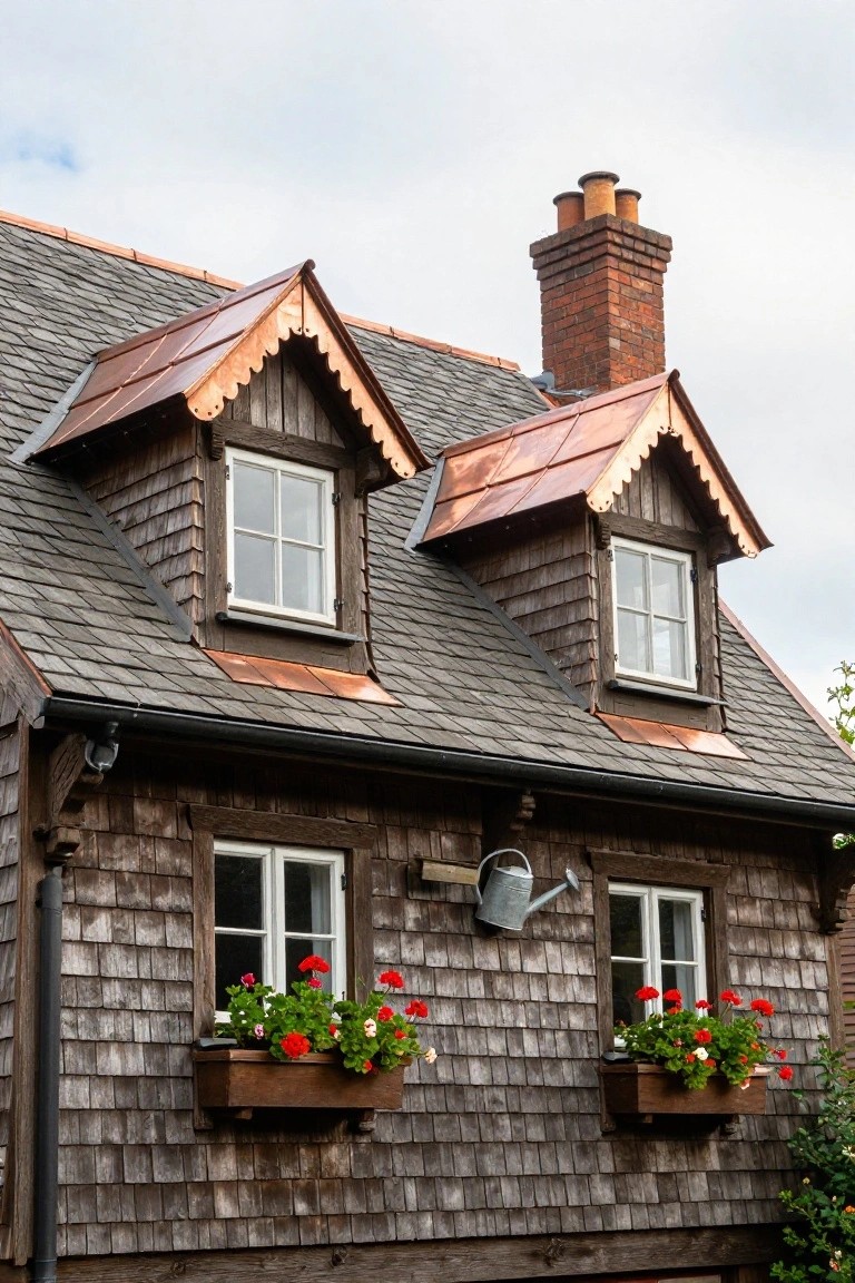 Shingle-clad two-story house exterior with copper-roofed dormers, brick chimney, dark wood window frames, flower boxes under lower windows filled with red geraniums, and a metal watering can mounted on the wall.
