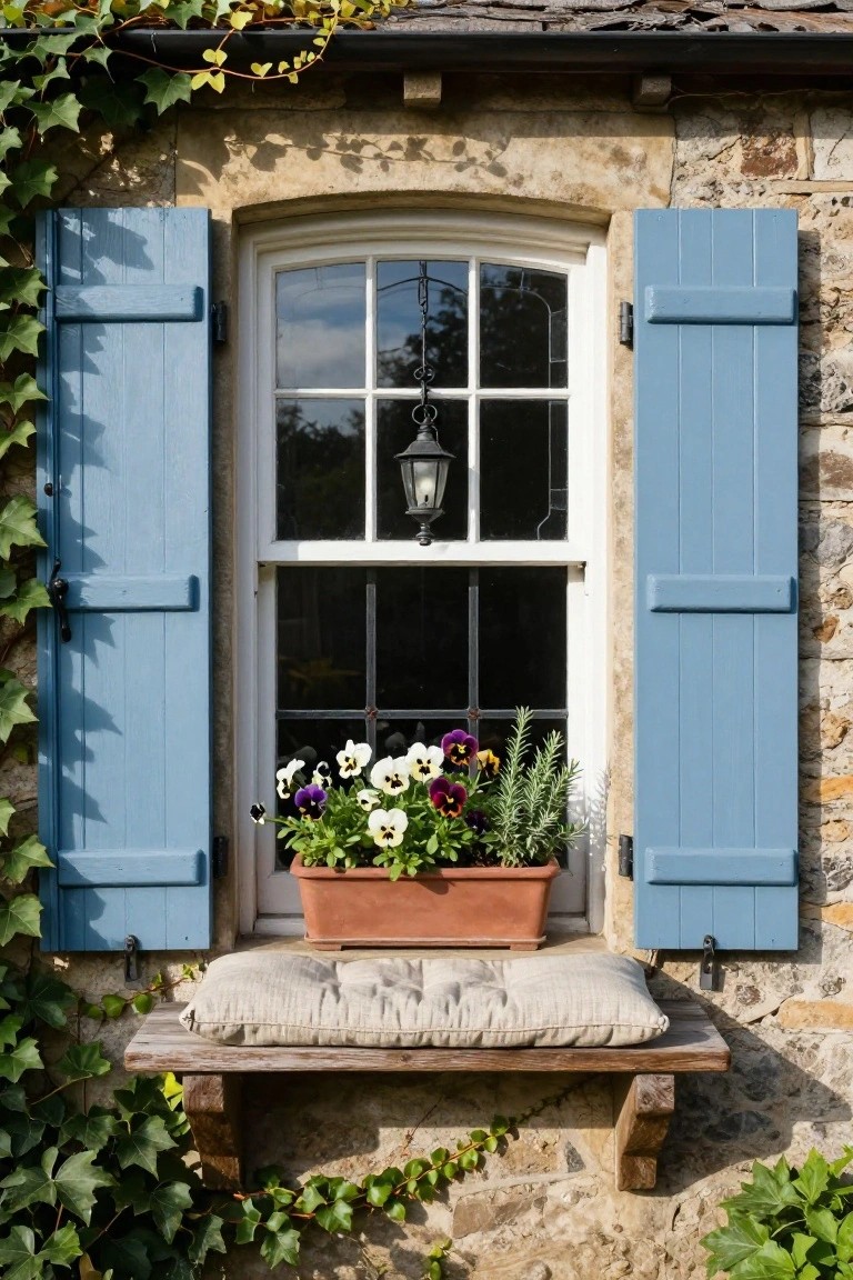 Arched multipane window on a stone cottage wall with open blue wooden shutters, terracotta planter of colorful pansies and herbs on the sill, hanging lantern inside the window, and bracketed wooden bench with beige cushion below, ivy vines climbing the stone.