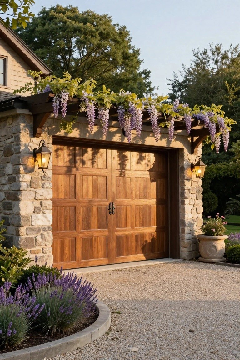 Wooden two-car garage doors flanked by stone pillars with hanging lanterns, purple wisteria vines cascading from an overhead wooden beam, lavender plants bordering a gravel driveway.