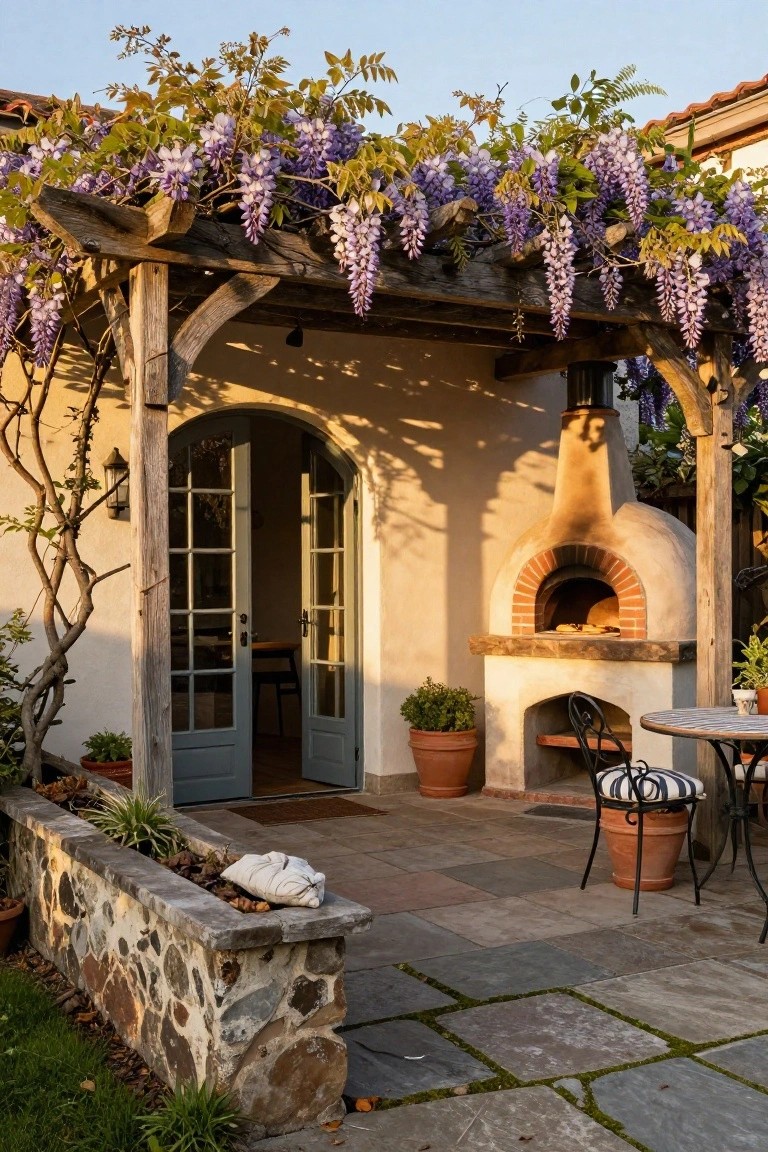 Patio with wood-fired brick oven baking pizza, wisteria-covered wooden pergola, arched French doors on stucco wall, bistro table with chairs, potted plants, and stone planter bed on flagstone floor.