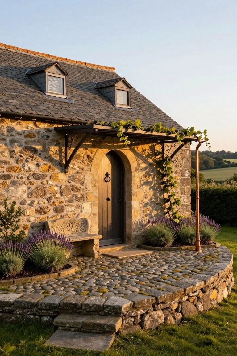 Stone cottage exterior featuring an arched wooden door under a vine-covered metal pergola supported by brackets, flanked by lavender plants and a carved stone bench, with a pebble entry path and low stone wall on a grassy lawn at dusk.