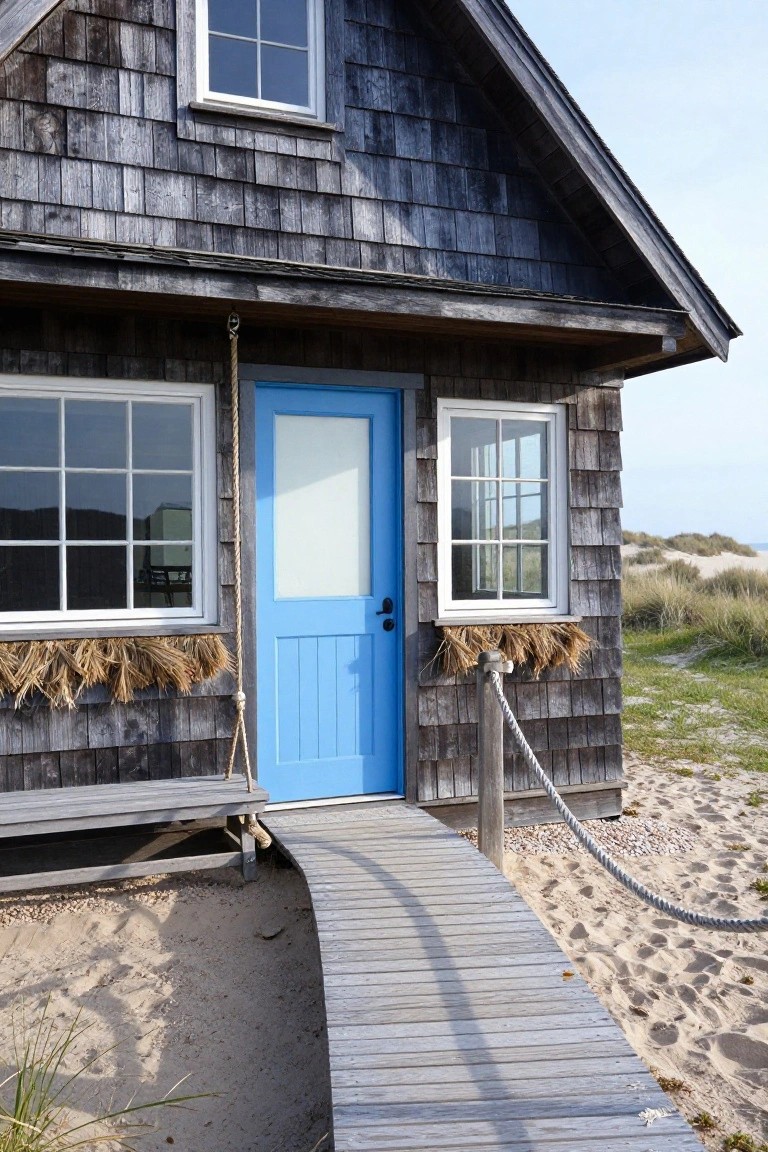 Small dark gray shingled cottage with bright blue front door, white-framed windows decorated with rope and dried grass, rope swing bench, and wooden ramp walkway on sandy beach with dunes and grass.