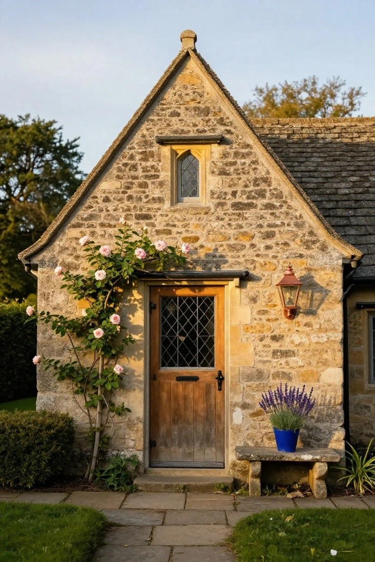 Stone cottage facade with peaked roof, arched leaded window, wooden door with iron fittings, pink climbing roses on the walls, copper lantern, blue pot of lavender on stone bench, and stone path to lawn.