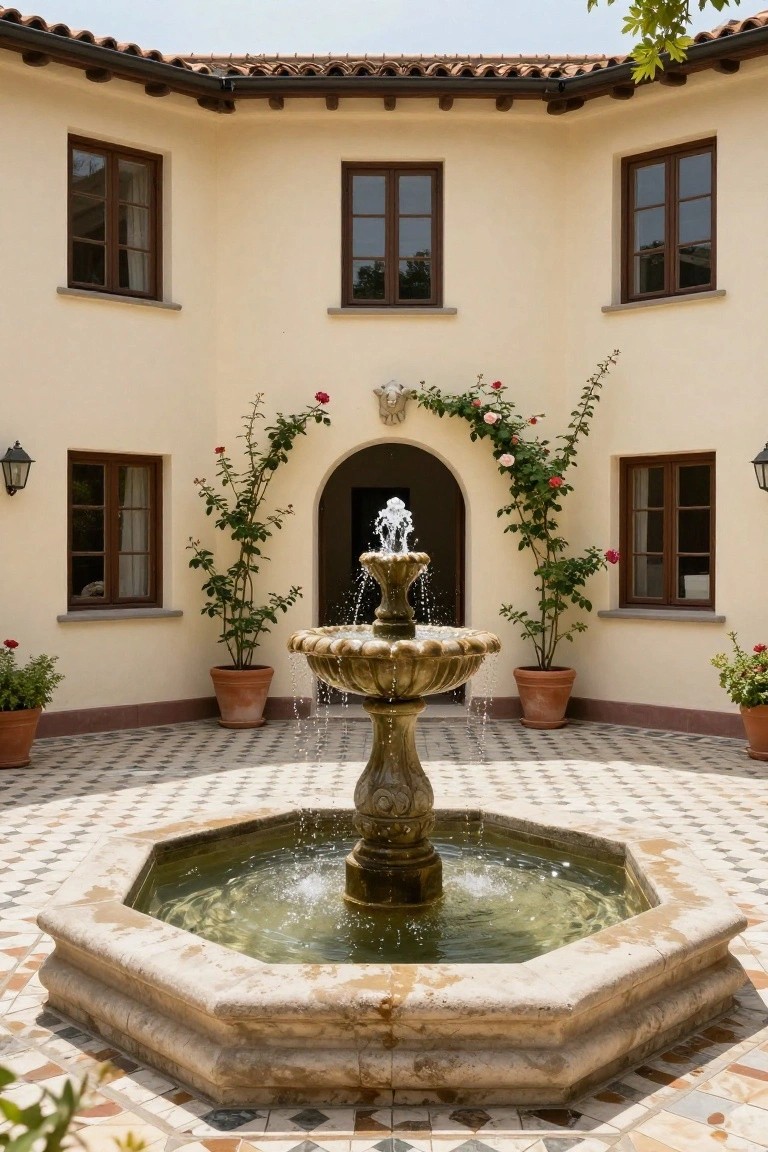 Beige stucco house with terracotta tile roof, brown-framed windows, arched entry door flanked by climbing roses and potted plants, and octagonal stone fountain in tiled courtyard.