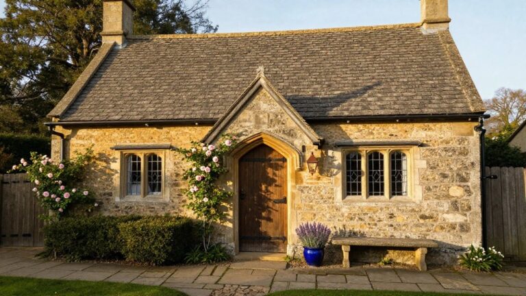 Stone cottage facade with peaked roof, arched leaded window, wooden door with iron fittings, pink climbing roses on the walls, copper lantern, blue pot of lavender on stone bench, and stone path to lawn.