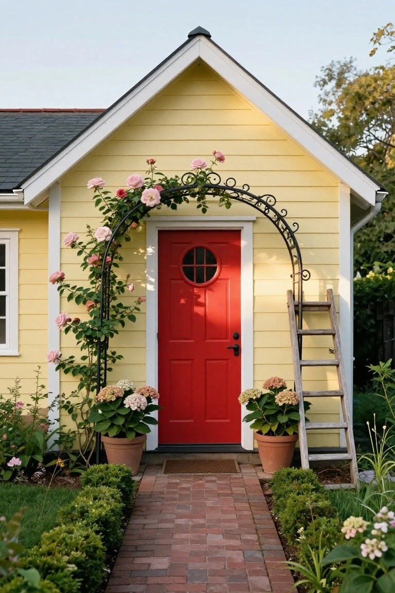 Small yellow cottage with pale siding and red front door under black metal arch draped in pink climbing roses, potted hydrangeas flanking the entry, wooden ladder against the wall, brick path through low hedges and gardens.