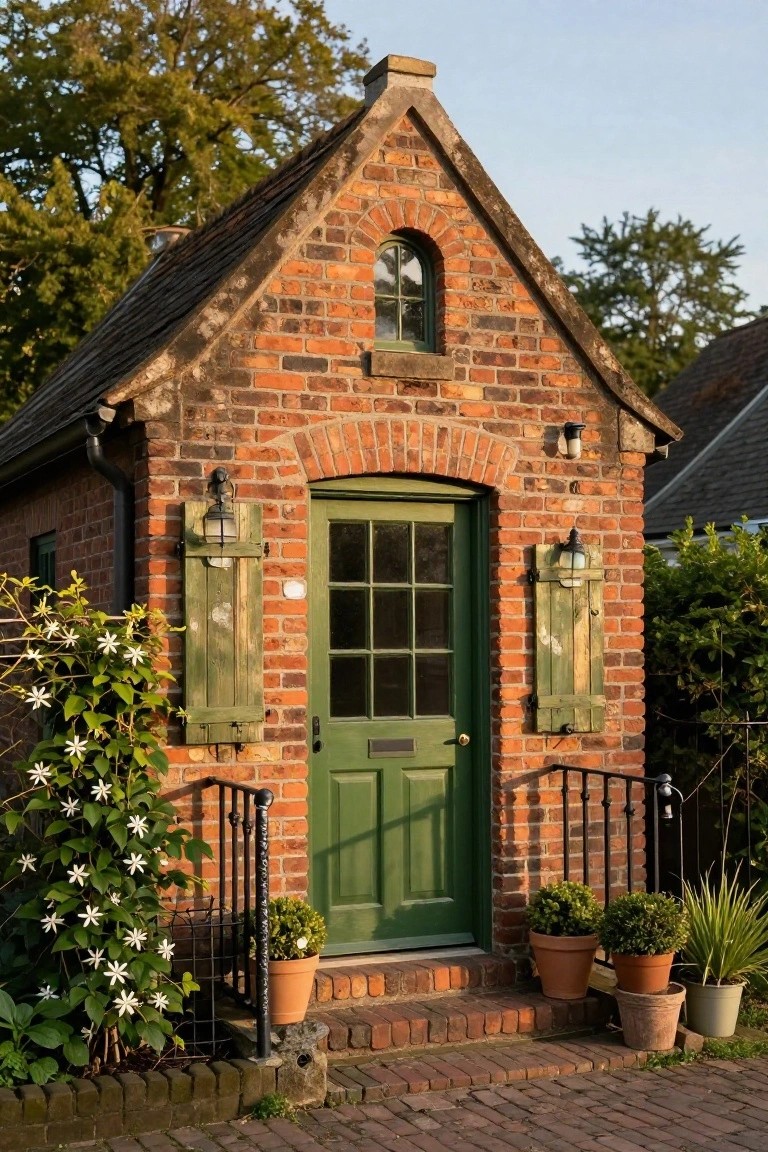 Small gabled brick cottage with green arched door, green shutters, wall lanterns, climbing white-flowered vines, boxwood topiaries, and terracotta pots on brick steps.