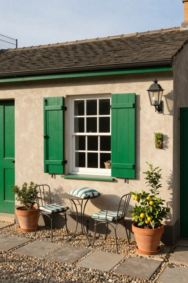 Beige stucco cottage exterior with green wooden door, green shutters framing a multi-pane window with flowerpot inside, wall-mounted lantern, potted lemon tree and boxwood plants, and small metal bistro table with two chairs and striped cushions on gravel and stone paver patio.