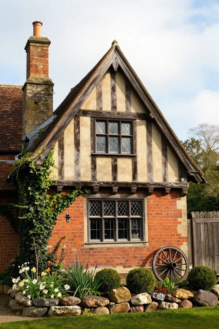 Gabled cottage exterior with dark timber framing on beige plaster walls, brick chimney and base, ivy on one side, multipaned windows, and front garden bed of flowers, shrubs, rocks, and wooden cartwheel.
