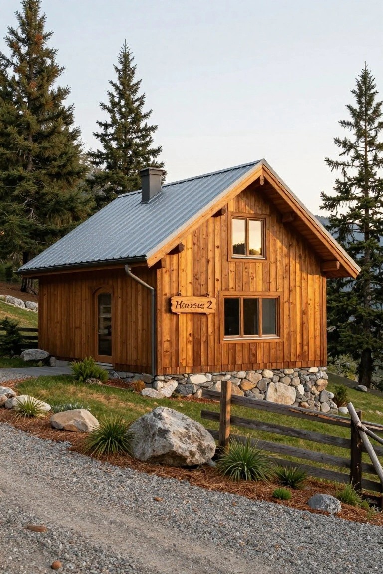 Wooden chalet cabin with vertical plank siding, gray metal gabled roof, stone foundation, and 