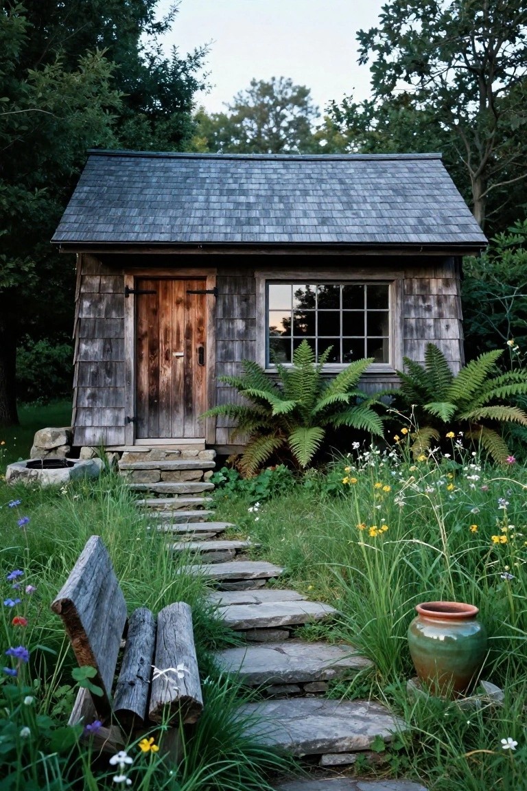 Small gabled cabin with dark shingle roof and weathered wood shingle siding, wooden door, large window, stone steps leading from a garden path with wooden bench, ferns, wildflowers, and green-glazed pot.