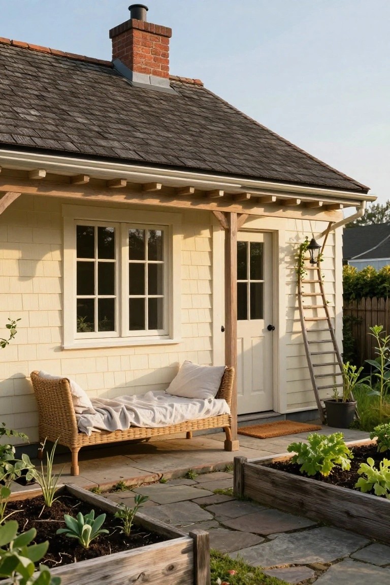 Pale yellow shingled garden shed with timber-framed covered porch, rattan bench with white cushions, glass door and window, leaning wooden ladder with ivy, raised garden beds with vegetables, and stone paver path.