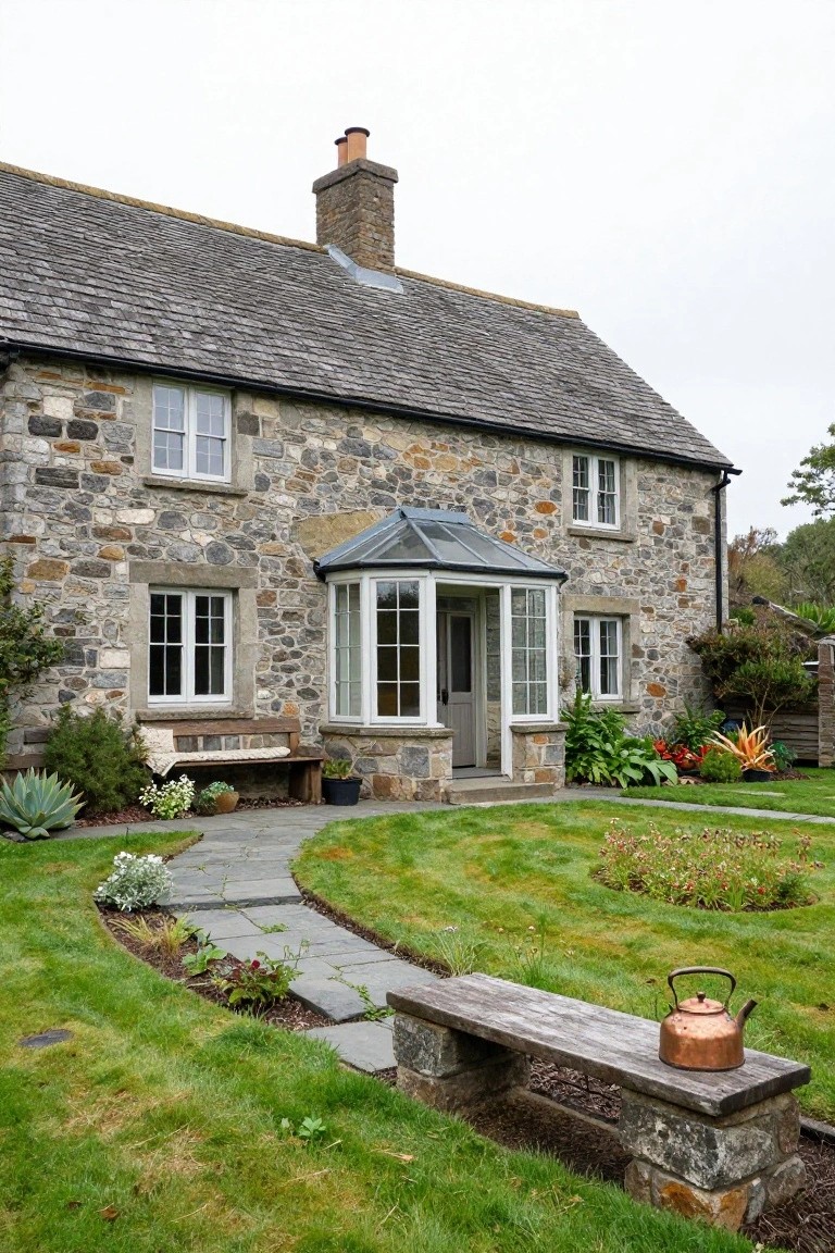 Gray stone cottage with slate roof, white-framed glass porch enclosing the front door, curved stone pathway through lawn and plants, wooden benches, and copper kettle on stone bench in garden.
