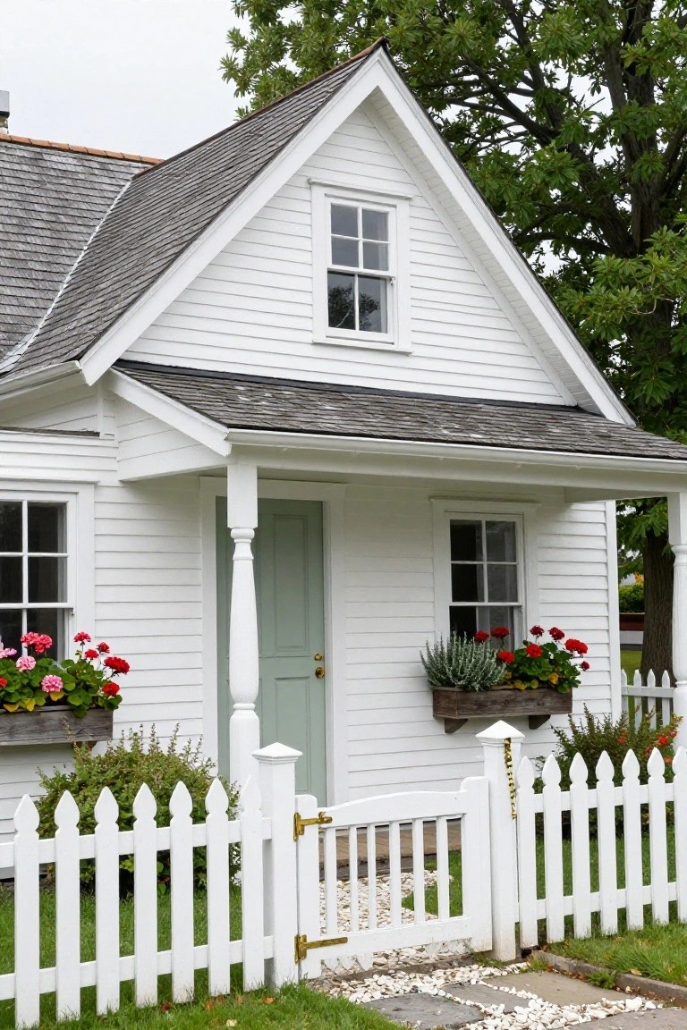 White cottage house with gray shingle roof, gabled front, porch with sage green door, flower boxes with red geraniums, and white picket fence gate on stone path.