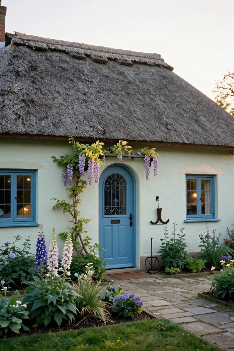Pale green thatched-roof cottage with blue arched front door framed by blooming purple wisteria vine, surrounded by flower beds with foxgloves and delphiniums, and a stone path leading to the entry.