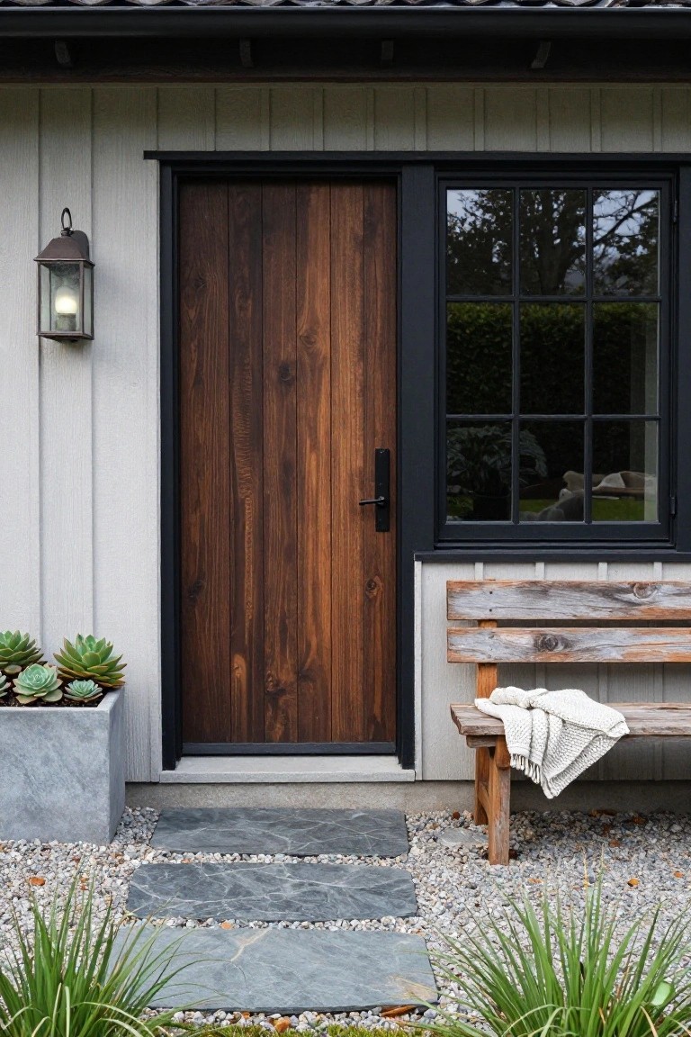Light gray vertical board-and-batten house siding with a tall dark walnut front door in black frame, black-framed nine-light window to the right, bronze lantern light, potted succulents in concrete planter, weathered wood bench with white knit throw, slate entry steps, gravel ground cover, and ornamental grasses.