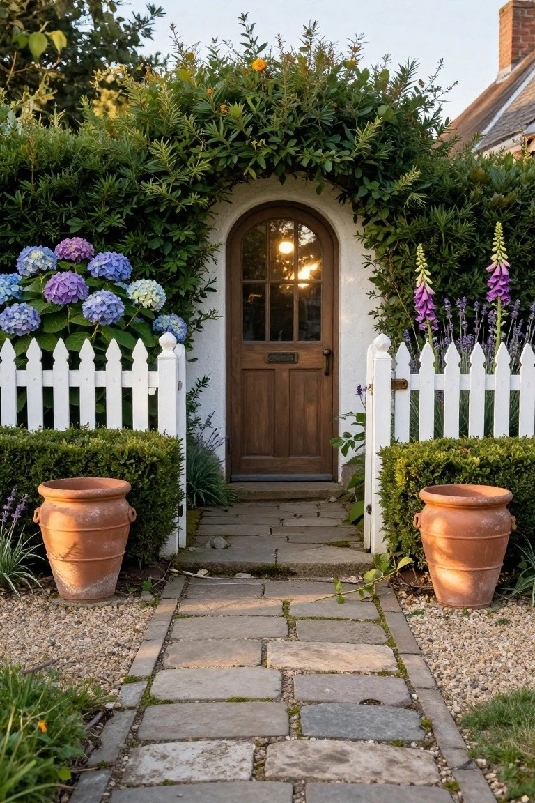 White picket fence gate under an archway covered in green foliage leading to a brown arched wooden door on a white cottage wall, flanked by purple hydrangeas and foxgloves, terracotta pots with boxwood, and a stone path edged in gravel.