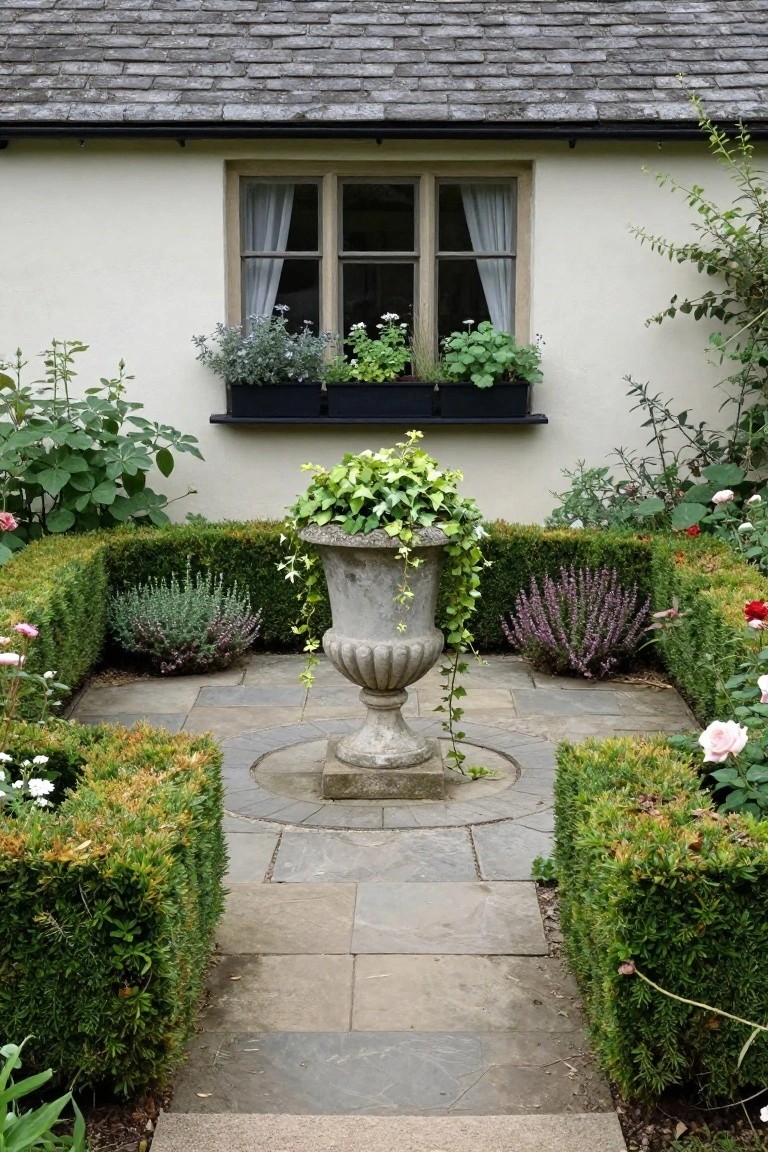 Beige cottage with slate roof and wooden window frames, featuring a window box of herbs and a front garden of boxwood hedges enclosing a slate path and central stone urn with trailing ivy, surrounded by various plants and flowers.