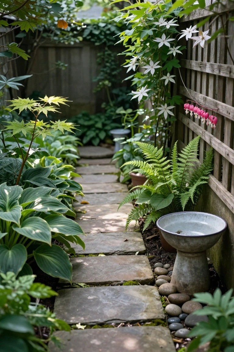 Narrow garden path of irregularly shaped stone slabs winding between lush green hostas, ferns, and other plants, with a metal birdbath on one side and flowering vines climbing a wooden fence.