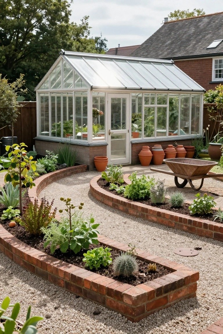 White wooden greenhouse with glass panels in a backyard garden, surrounded by curved brick-edged raised planting beds filled with herbs, succulents, and small trees, a gravel path winding through, terracotta pots nearby, and a house visible in the background.