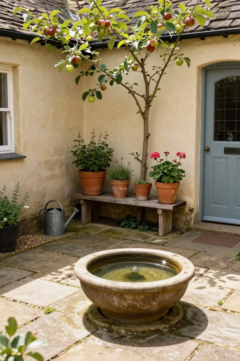 Cottage exterior corner with beige stone walls, arched blue front door, small apple tree with fruit overhead, wooden bench holding multiple terracotta pots of herbs and flowers, metal watering can on patio stones, and large stone birdbath in foreground.