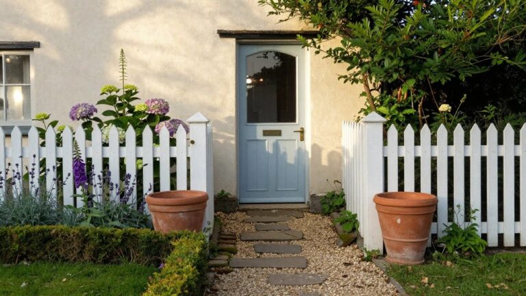 18 Cottage Exterior Landscaping Ideas That Connect Home and Garden White picket fence gate under an archway covered in green foliage leading to a brown arched wooden door on a white cottage wall, flanked by purple hydrangeas and foxgloves, terracotta pots with boxwood, and a stone path edged in gravel.