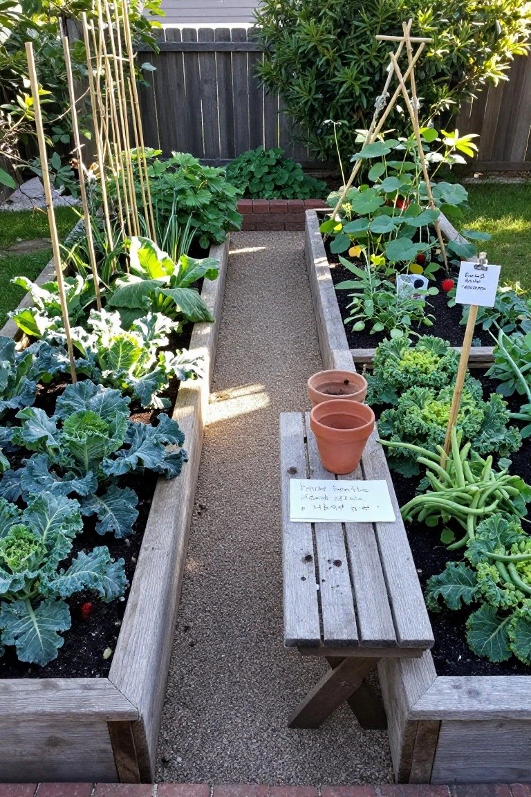 Raised wooden garden beds planted with kale, cabbage, beans, and nasturtiums flank a central gravel path with a wooden bench and two terracotta pots in a backyard setting.