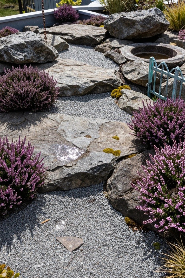 Landscape view of large gray boulders arranged around a curving gray gravel path, clusters of purple heather plants, patches of green moss, yellow grasses, and a central round stone fire pit with turquoise metal railing.