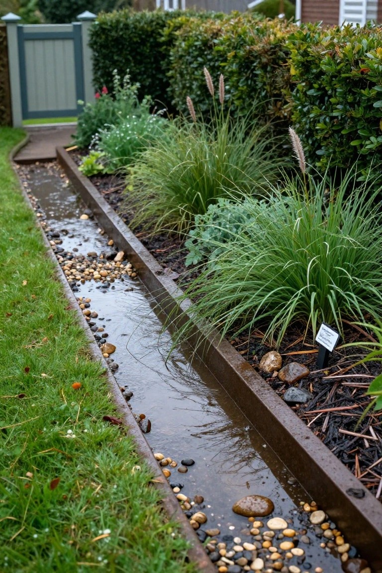 Narrow corten steel channel filled with pebbles and shallow water running through garden beds with ornamental grasses, bordered by lawn and hedges near a wooden gate by a house.