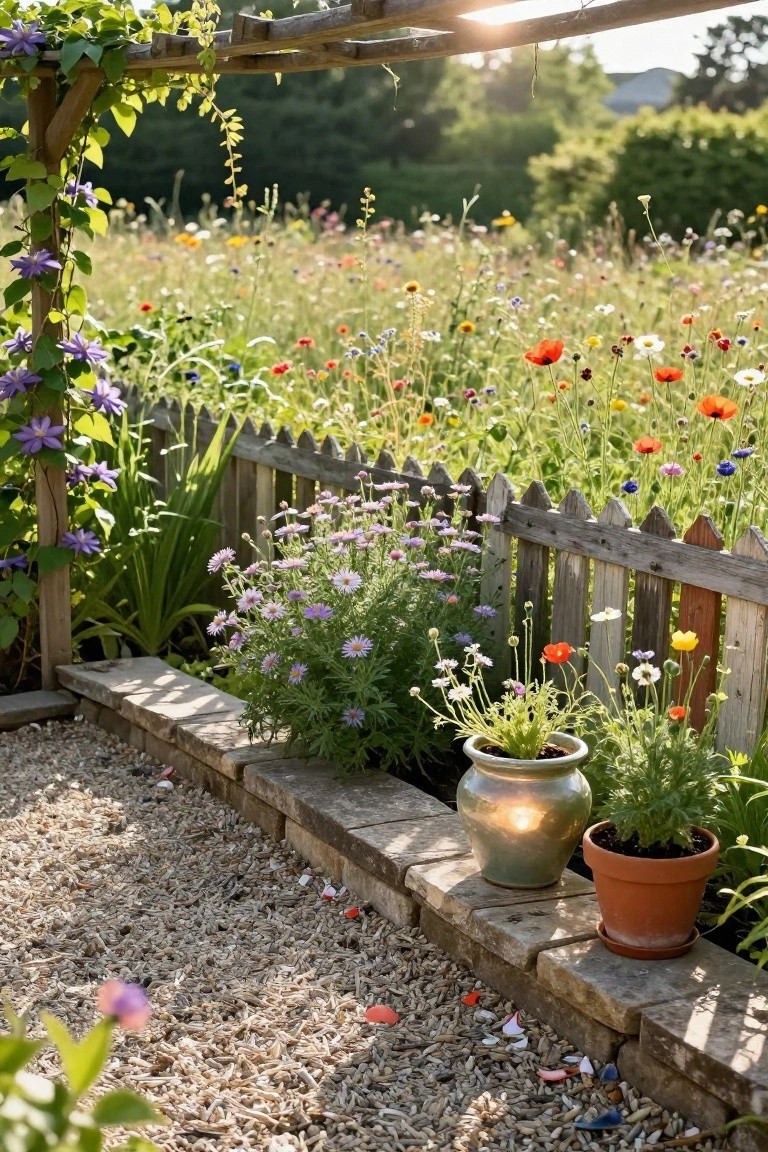 Gravel garden path edged by low stone walls with two potted plants, leading to a wooden picket fence bordering colorful wildflowers and climbing clematis on an arbor.
