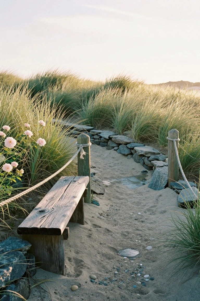 Sandy path through beach dunes lined with rope on wooden posts and posts, bordered by stone walls, tall grasses, pink flowers, and a wooden bench with scattered shells and pebbles in soft evening light.