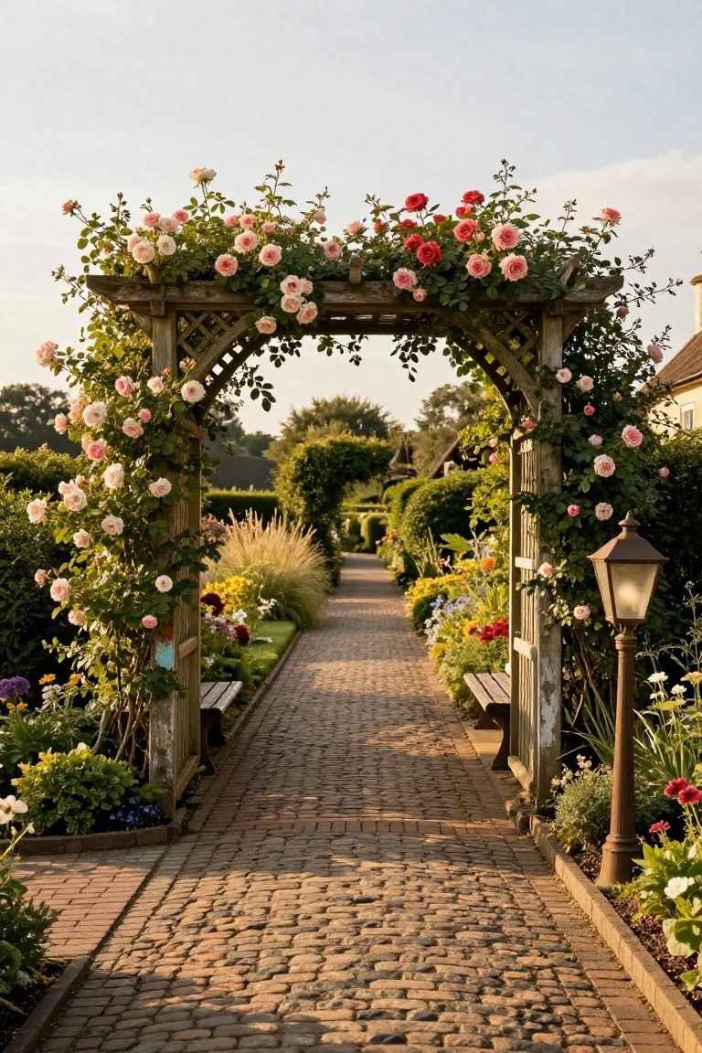 Wooden arched trellis covered in pink and red climbing roses over a brick garden path lined with flower beds, shrubs, a bench, and a lantern.