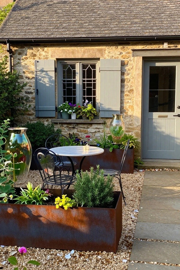 Stone cottage exterior wall with shuttered window, gray door, small white round table and two black metal chairs on gravel surrounded by large metallic vases, rusted steel planter box with plants, and additional potted greenery.