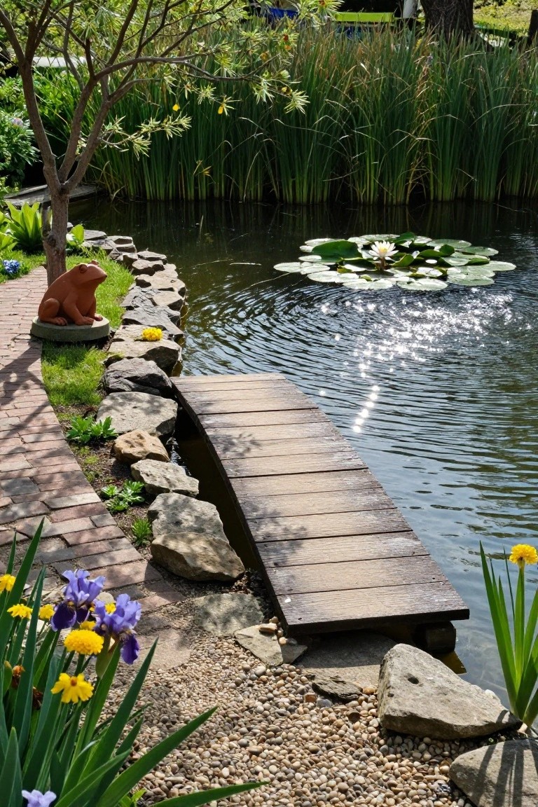Garden pond with lily pads and reeds, edged in rocks and plants, crossed by a wooden footbridge near a brick path and terracotta frog statue.