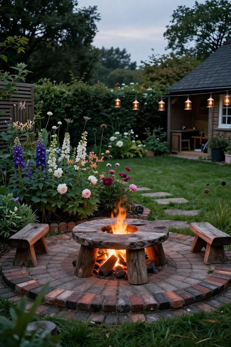 A circular brick fire pit with a wooden log table top and two wooden benches in a backyard garden filled with colorful flowers, delphiniums, peonies, and paths leading to a wooden shed structure.