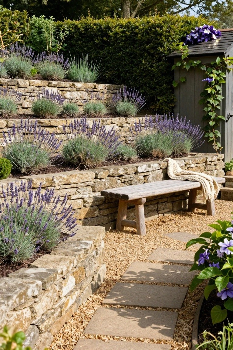 Sloped garden with multiple low stone retaining walls terraced and densely planted with lavender bushes, a wooden bench with a draped blanket on the middle terrace, gravel path, and garden shed with climbing vines.