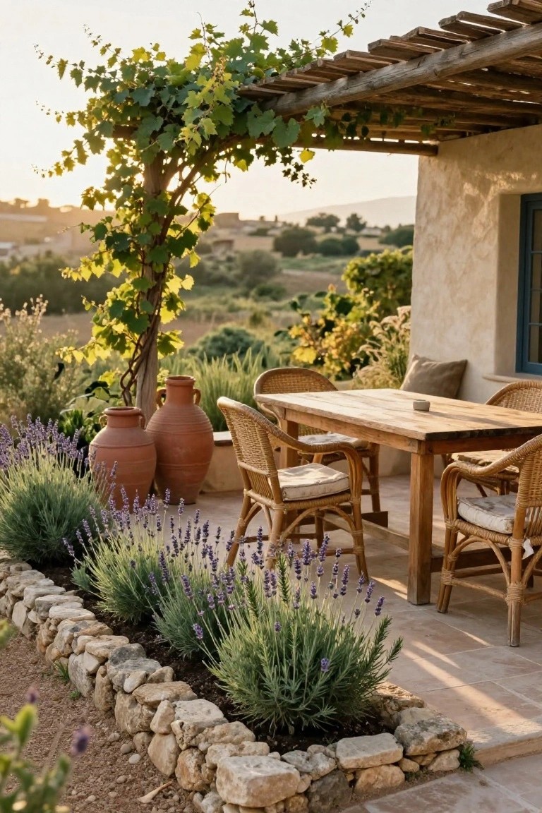 Rustic outdoor terrace featuring a wooden dining table and rattan chairs under a grapevine-covered pergola, with large terracotta pots, lavender borders along a stone wall, and a stucco house wall nearby.
