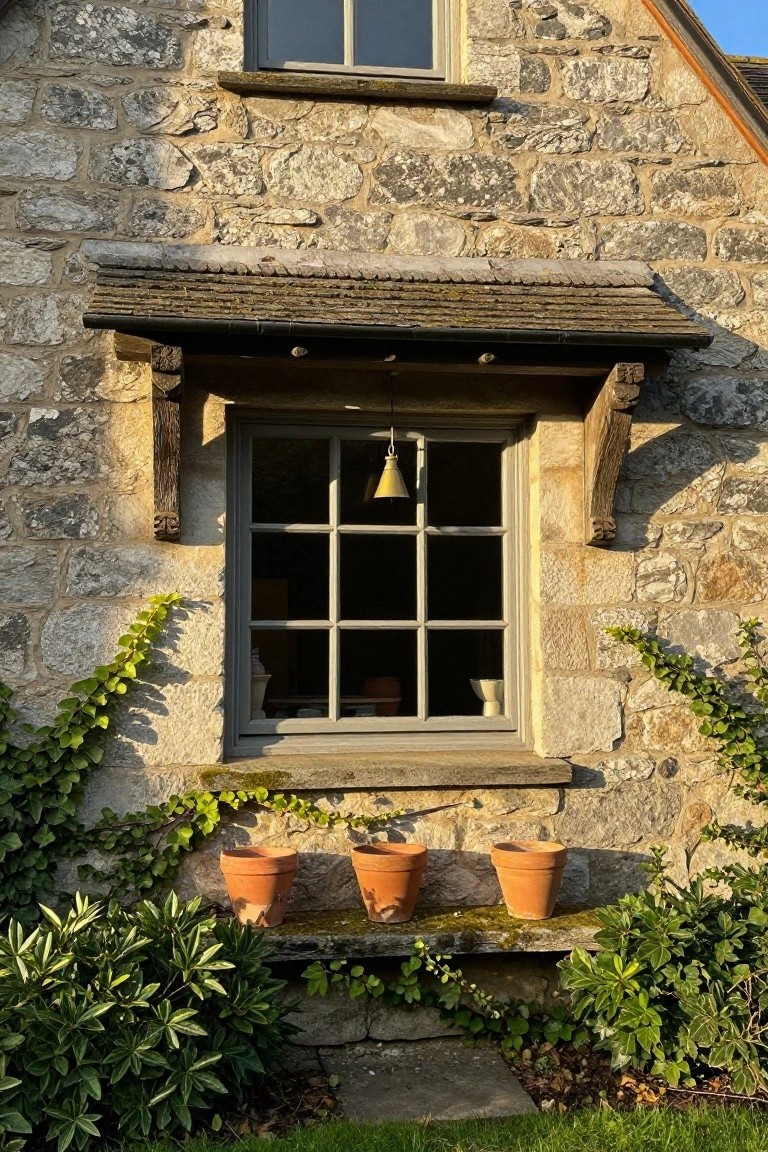 Stone cottage exterior wall with a divided-light window under a wooden canopy supported by carved brackets, a hanging bell, ivy climbing the wall, three terracotta pots on a stone ledge below the window, and shrubs at the base.