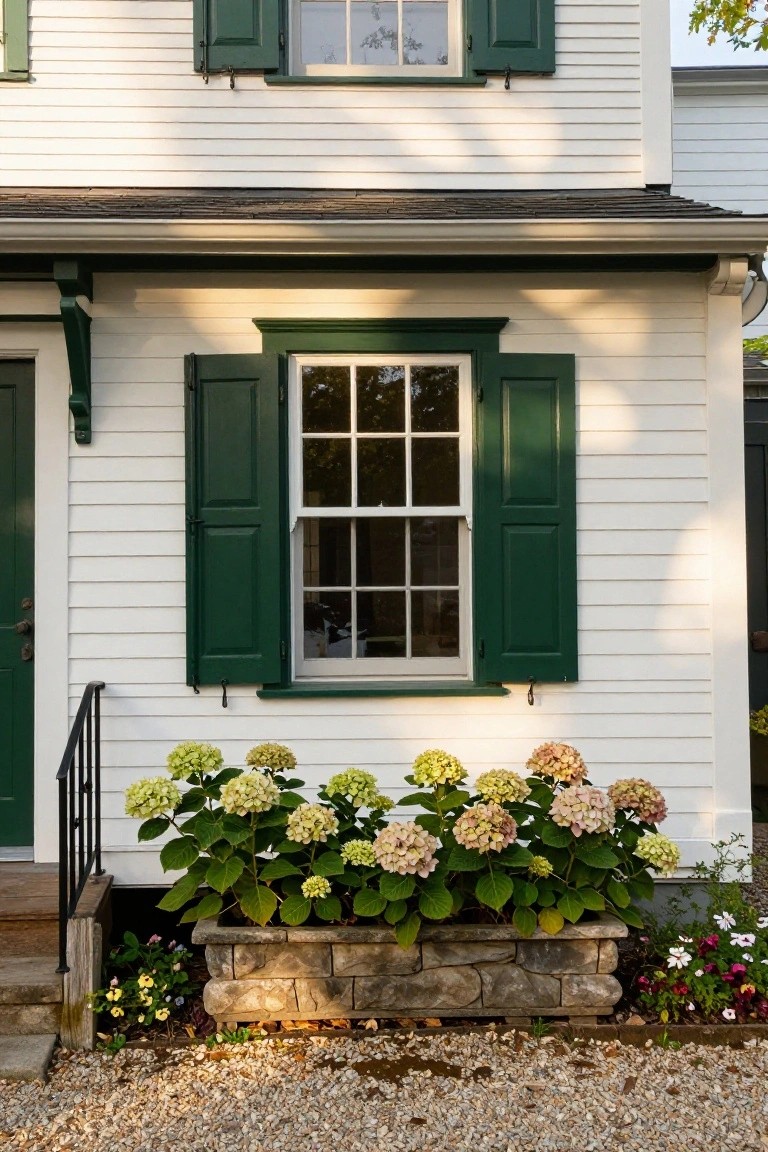 White clapboard house exterior featuring green shutters and window trim, a green front door, hydrangeas in a stone planter by the steps, and a gravel path.