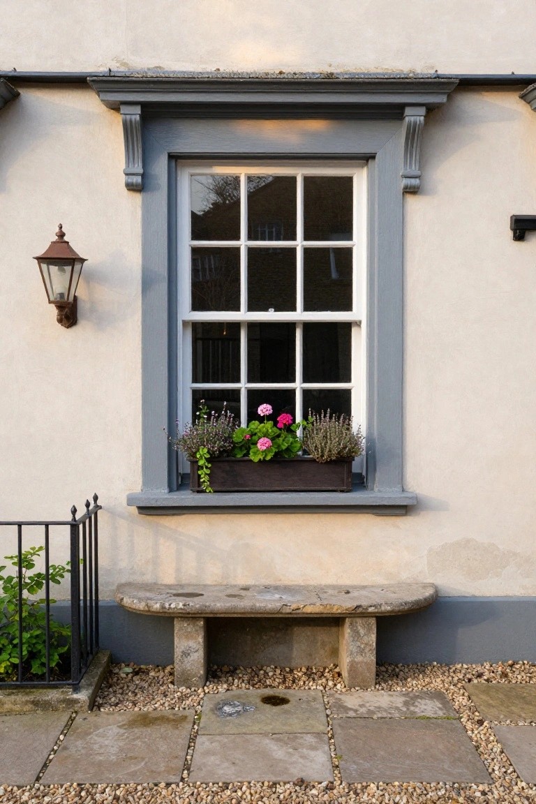 Beige stucco cottage wall with tall six-over-six sash window in dark gray painted trim and brackets, wooden window box containing pink geraniums and lavender, copper lantern light mounted nearby, stone bench below, iron railing with plants, and gravel ground with stone pavers.