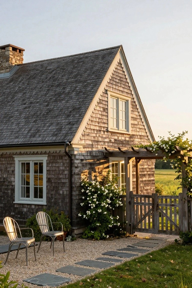 Shingled cottage house exterior viewed from low angle at sunset, featuring white-trimmed double-hung windows, wooden pergola with climbing roses over entry door, garden gate, two metal chairs on gravel patio, and stone path leading to grass.
