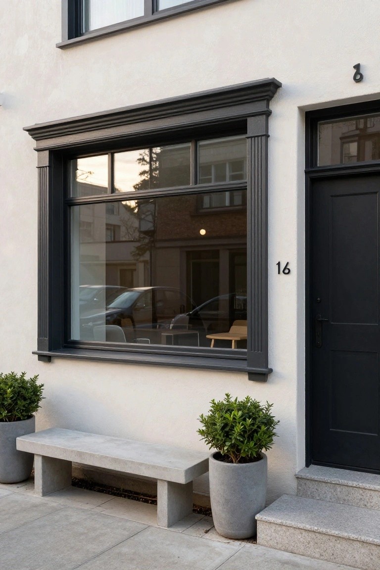 White stucco house exterior with large black-framed multi-pane window featuring fluted pilasters and pediment, black front door numbered 16, concrete bench and two potted boxwood shrubs on sidewalk.