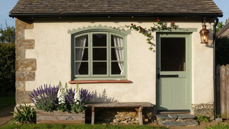 Small white cottage exterior wall with green-painted window frame, wooden planter box of lavender and foxgloves on the sill, climbing rose vine, copper lantern above, and wooden bench below on stone base.