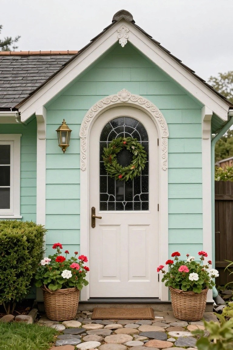 Mint green clapboard cottage exterior featuring an arched stained glass door with ornate white trim, a brass lantern light, evergreen wreath, and wicker baskets of red and white geraniums on a stone path.