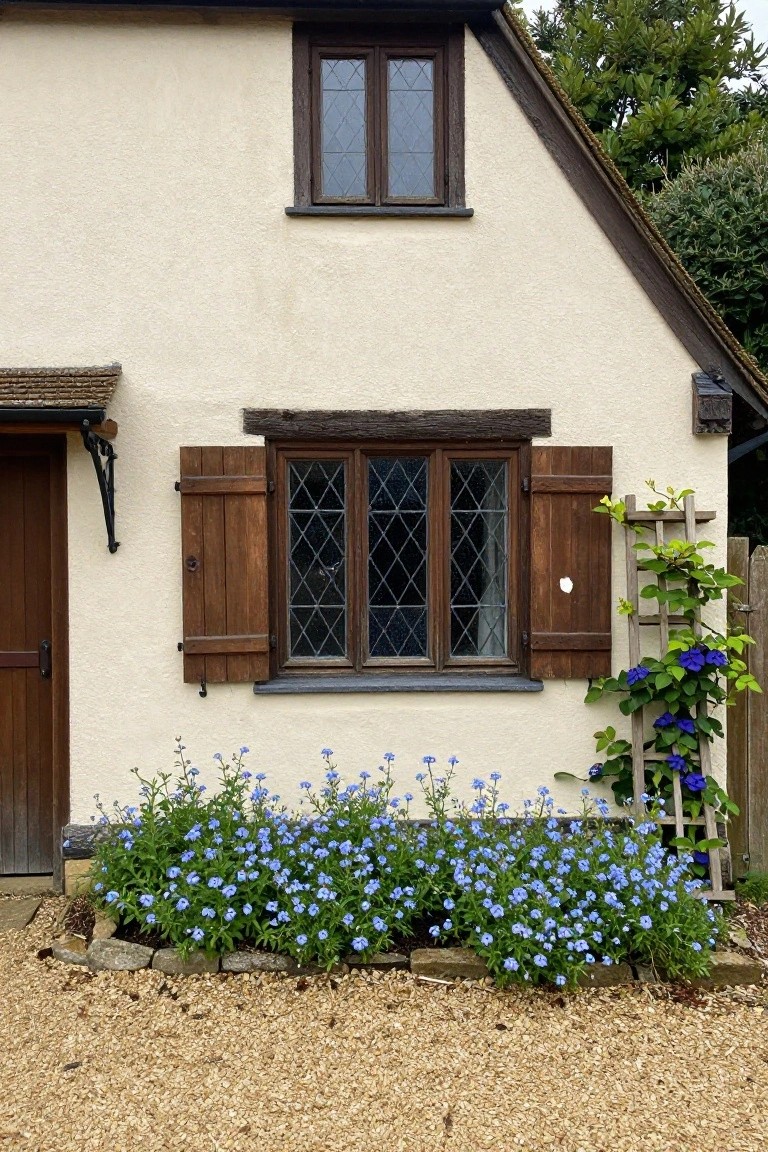 Cream stucco cottage exterior with dark wooden shutters framing a leaded glass window, wooden door, climbing vine on trellis, blue flowers in bed, and gravel driveway.