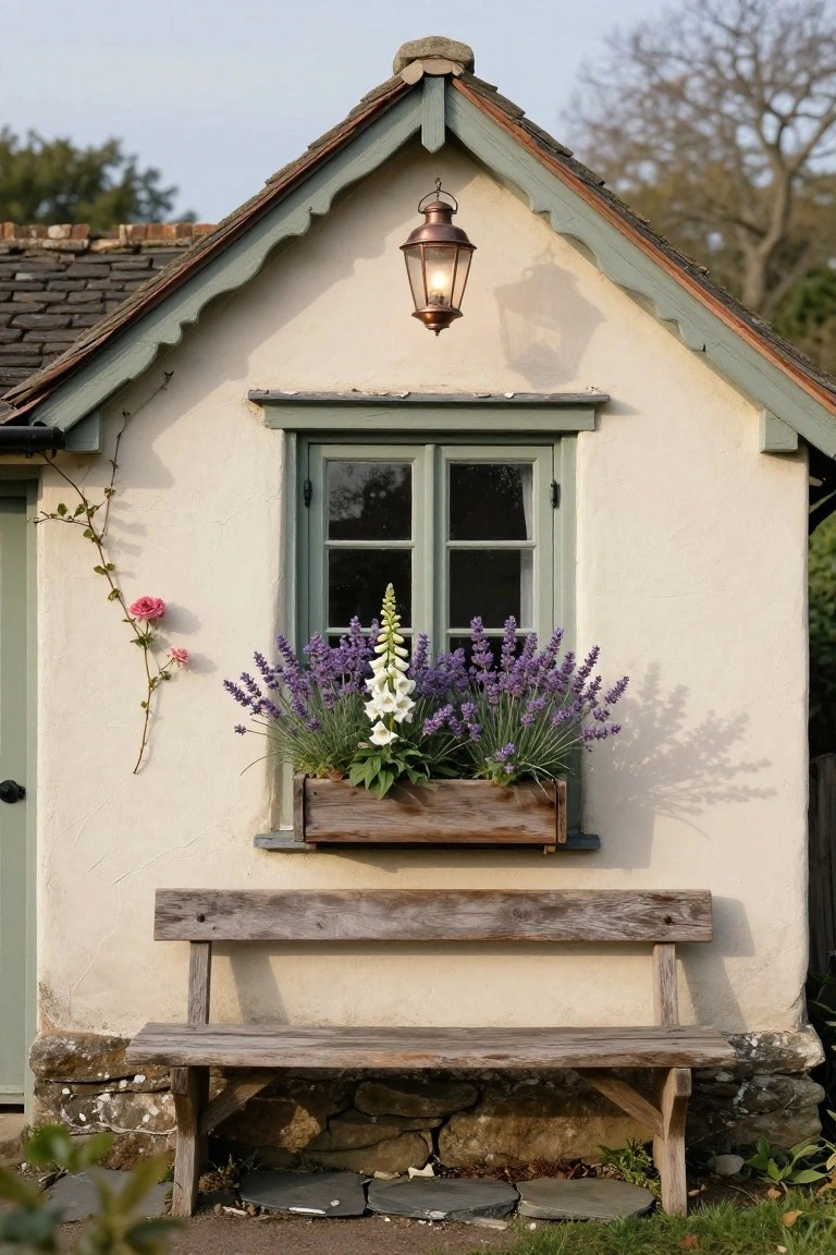 Small white cottage exterior wall with green-painted window frame, wooden planter box of lavender and foxgloves on the sill, climbing rose vine, copper lantern above, and wooden bench below on stone base.